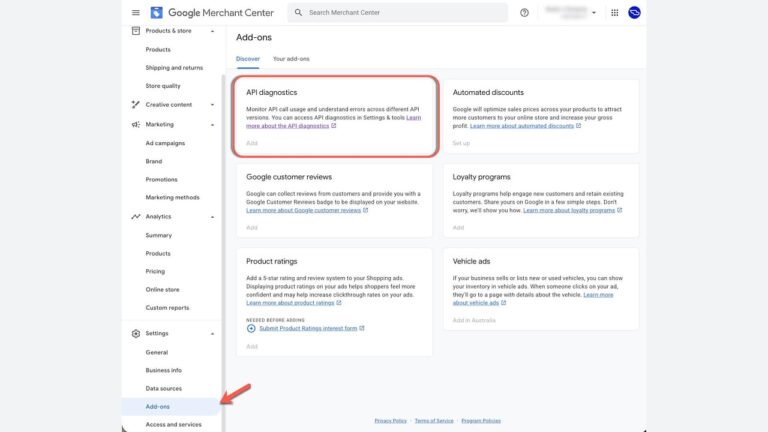 Google Merchant Center add-ons page with the "API diagnostics" section highlighted, showing options for monitoring API usage, automated discounts, customer reviews, loyalty programs, and product ratings. Arrow points to "Access and services.