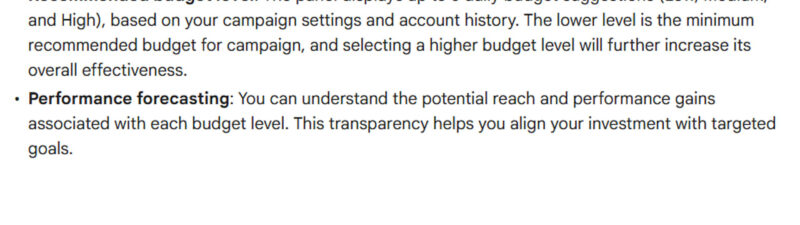 Screenshot of a text description for the Budget Panel in Google Ads, detailing features like recommended budget levels (Low, Medium, High) and performance forecasting for campaign optimization. This overview highlights how the Google Ads Budget Panel helps users make informed decisions to maximize their advertising results.