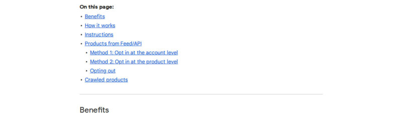 Screenshot of Google Shopping help article showing "Add a checkout link for your products" page with table of contents including Benefits, How it works, Instructions, and Products from Feed/API sections.