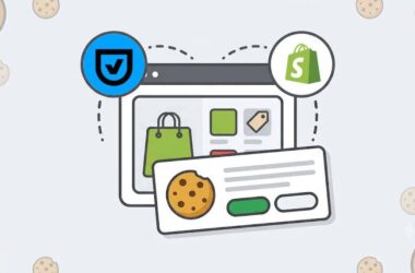 A cartoon laptop with shopping icons, a cookie notification, and logos for Shopify and Cookiebot. Cookies are scattered in the background, representing online store features, cookie consent, and setup steps for integrating compliance tools.