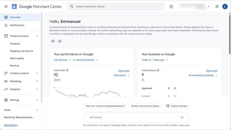 Google Merchant Center dashboard shows performance metrics, business info, misrepresentation warning, graph of product clicks over time, and options for managing account status. User is greeted with "Hello, Emmanuel.