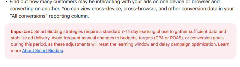 Screenshot of Google Ads documentation explaining the benefits of conversion measurement, including tracking valuable customer activity, understanding ROI, using Smart Bidding strategies, and measuring cross-device conversions, with an important note about Smart Bidding learning phases.