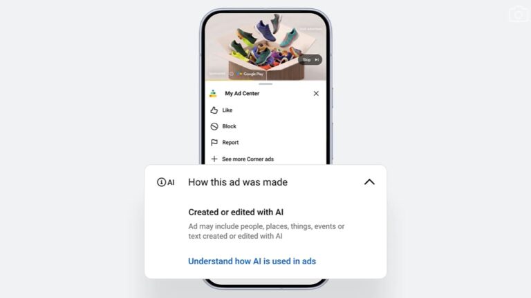 Screenshot of Google's AI transparency feature in Google Ads showing an expanded "How this ad was made" panel indicating an advertisement was created or edited with AI, displaying options for Like, Block, and Report in the My Ad Center menu.