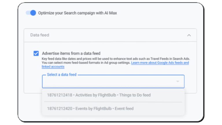 Screenshot of Google Ads AI Max optimization settings showing data feed selection options for search campaign management with FlightBulb activities and events feeds visible in dropdown menu