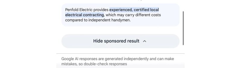 Screenshot of a Google search sponsored result for Penfold Electric showing AI-generated summary text beneath the ad description highlighting experienced certified local electrical contracting services.