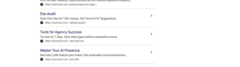 Screenshot of Google sponsored search results showing Semrush SEO Agency Tools ads with favicons displayed next to URLs in the sitelinks section