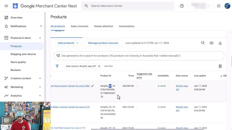 Google Merchant Center Next Products dashboard showing Shopify App API data source with product listings including prices and availability status