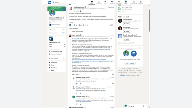 LinkedIn discussion thread showing Google Shopping Specialist and Shopify experts discussing the Merchant Center API migration deadline and product ID bug fix announcement