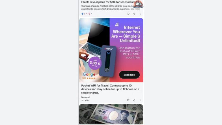 Screenshot of Google Discover feed showing article about Chiefs stadium plans with WiFi service advertisement and Japanese currency image below