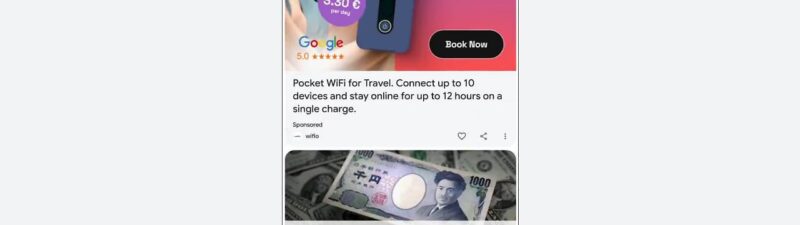 Screenshot of Google Discover feed showing article about Chiefs stadium plans with WiFi service advertisement and Japanese currency image below