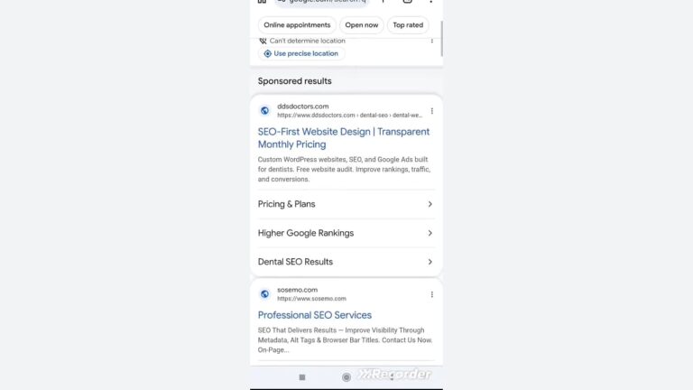 Screenshot of Google search results page showing sponsored ads with new card-based layout design featuring ddsdoctors.com and sosemo.com listings