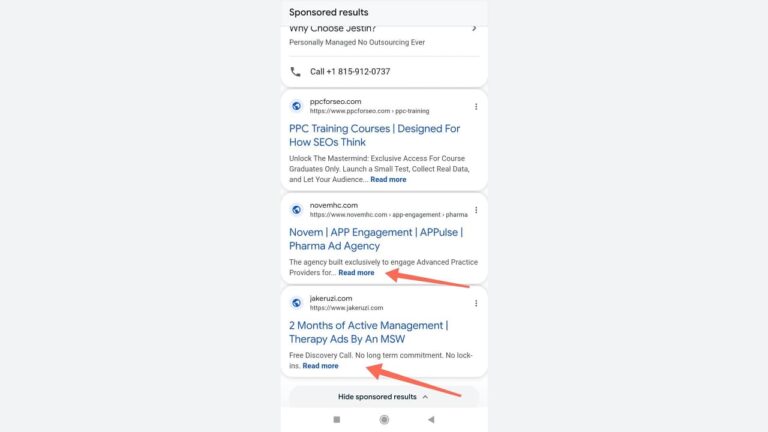 Screenshot of Google search results page showing sponsored results section with multiple ads including PPC Training Courses, Novem APP Engagement, and therapy ads, with Read more links and Hide sponsored results option highlighted