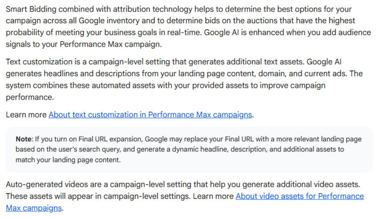 Screenshot of Google's Performance Max campaign documentation explaining Smart Bidding, text customization, and auto-generated video features powered by Google AI