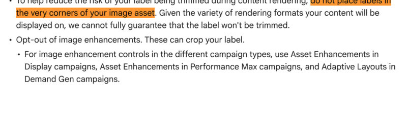 Screenshot of Google's guidelines on applying custom labels to AI-generated ad assets, highlighting warning against placing labels in image corners to avoid trimming during content rendering.