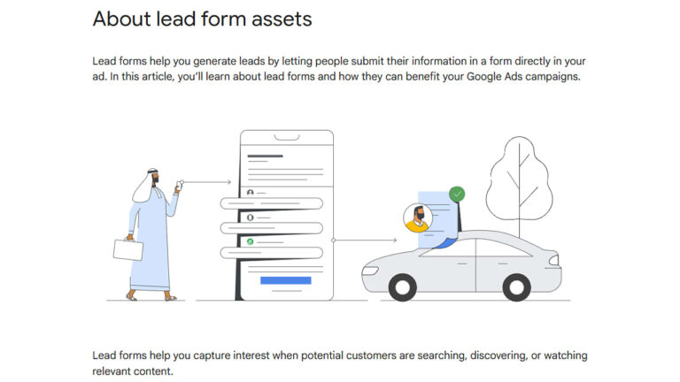 Illustration showing how Google Ads lead forms work: a professional submits information through a form on their mobile device, which generates a qualified lead captured in real-time for business follow-up.
