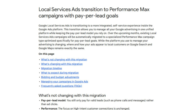 Screenshot of Google's announcement about Local Services Ads transitioning to Performance Max campaigns with pay-per-lead goals in the Google Ads platform
