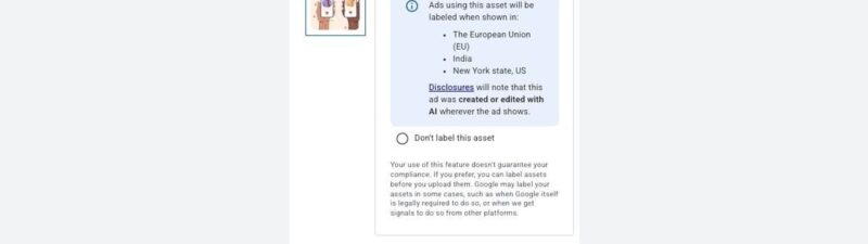 A screenshot of a form titled “Generated video” with a section on AI use, options to label content as AI-created or not, and a note about disclosure requirements in specific regions.