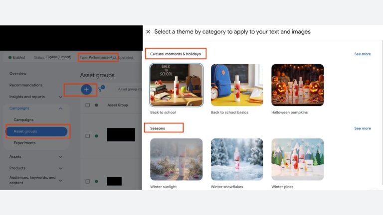 A Google Ads interface shows the "Asset groups" tab highlighted. A popup displays image theme options like "Back to school," "Halloween pumpkins," "Winter sunlight," and "Winter snowflakes.