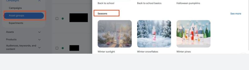 A Google Ads interface shows the "Asset groups" tab highlighted. A popup displays image theme options like "Back to school," "Halloween pumpkins," "Winter sunlight," and "Winter snowflakes.