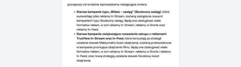 A Google Ads notification in Polish details updates to campaign formats, including changes to “Video – reach” and new options for TrueView in-feed ads, effective starting in September.