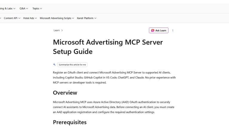 Screenshot of Microsoft Advertising MCP Server Setup Guide documentation page showing overview and prerequisites sections