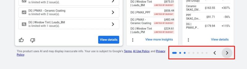 A dashboard lists three Google ad campaigns needing attention, showing their names and budget issues. To the right, there are campaign statistics and a graph. Navigation dots are highlighted at the bottom right.