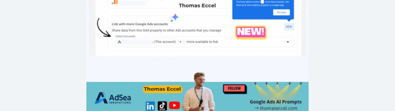 Screenshot of Google Ads interface showing new bulk linking feature for connecting multiple Google Ads accounts to Google Analytics GA4 properties in a single step