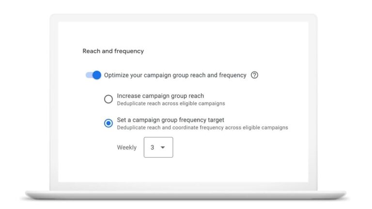 A laptop screen displays campaign settings with options to optimize reach and frequency, increase reach, or set a weekly frequency target, currently set to three.