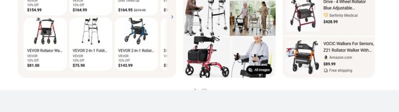 Screenshot of search results for "walking aids for seniors USA," showing various folding rollators, walkers, and related mobility products with prices on a shopping website.