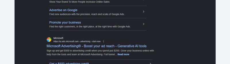 Google search results page showing sponsored ads for Google Ads and Microsoft Advertising, with descriptions about growing businesses and boosting ad reach, all displayed in dark mode.