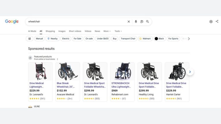 Google search results for "wheelchair" showing various wheelchair models with prices, ratings, and vendors, including Dr. Leonard's, AvaCare Medical, Rehabmart.com, and Harriet Carter on a white background.