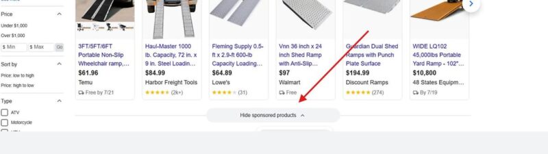 Google search results for "ramps for sale" showing sponsored product listings with images of ramps, prices, and brands. Red arrows point to a search filter bar and the "Hide sponsored products" button below the products.