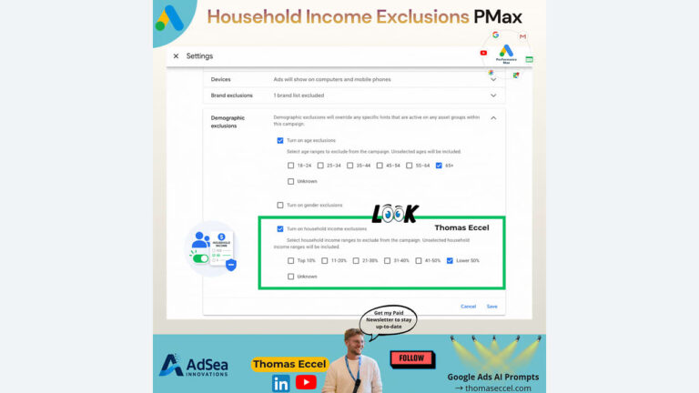 A Google Ads settings screen shows household income exclusion options, with checkboxes for income ranges. Text and graphics advertise Thomas Eccel, Google Ads AI prompts, and AdSea Innovations.