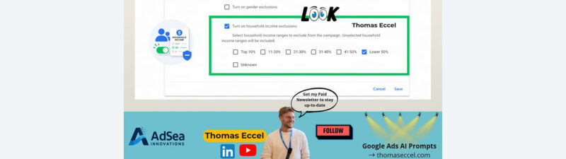 A Google Ads settings screen shows household income exclusion options, with checkboxes for income ranges. Text and graphics advertise Thomas Eccel, Google Ads AI prompts, and AdSea Innovations.