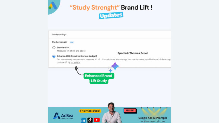 Screenshot highlighting the "Enhanced lift" option in a brand lift study settings menu, with decorative labels and a photo of a man at the bottom promoting AdSea Innovations and Google Ads AI prompts.