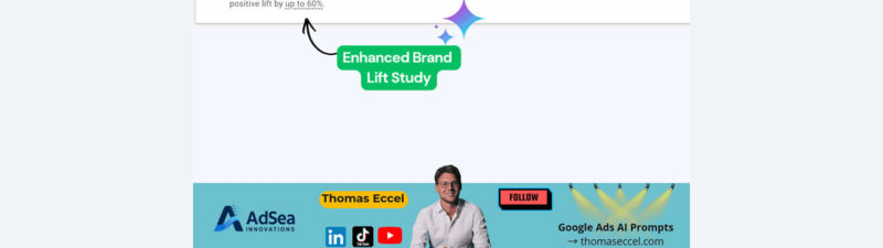 Screenshot highlighting the "Enhanced lift" option in a brand lift study settings menu, with decorative labels and a photo of a man at the bottom promoting AdSea Innovations and Google Ads AI prompts.