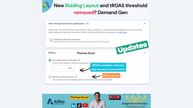 A graphic showing Google Ads updates: new bidding layout, tROAS threshold removed, and tROAS available without conversion data. Includes a screenshot, labels, and branding elements.