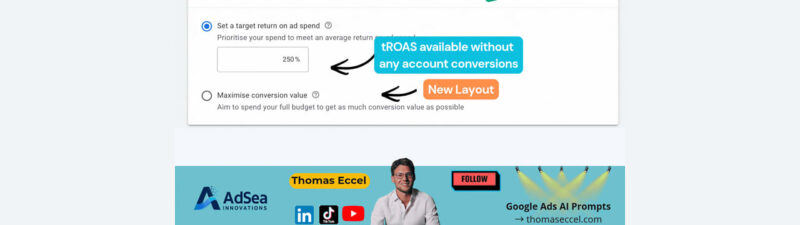 A graphic showing Google Ads updates: new bidding layout, tROAS threshold removed, and tROAS available without conversion data. Includes a screenshot, labels, and branding elements.