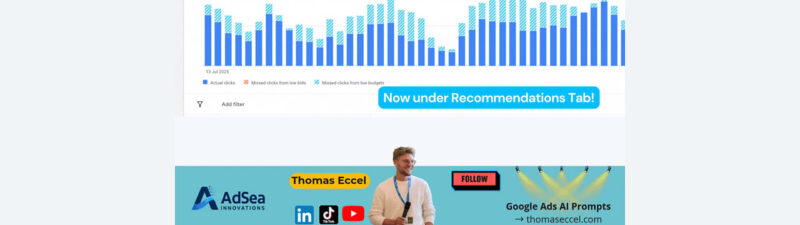 Screenshot showing a "Missed Opportunities" update in Google Ads, with a bar graph, tabs, and a highlighted "Now under Recommendations Tab!" banner. Thomas Eccel and AdSea Innovations logos appear at the bottom.