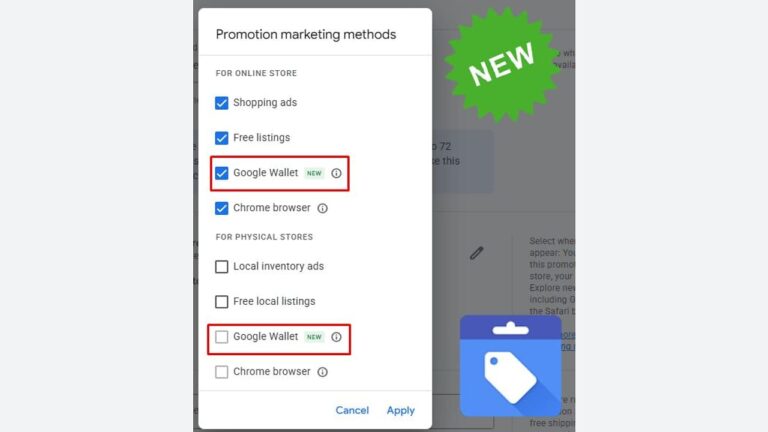 A screenshot of a marketing methods menu shows "Google Wallet" highlighted as a new promotion option, with blue checkboxes and a green "NEW" label. A blue price tag icon appears in the bottom right corner.