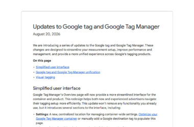 Screenshot of Google's announcement about updates to Google tag and Google Tag Manager released on August 20, 2026, highlighting simplified user interface improvements and new features for measurement setup.