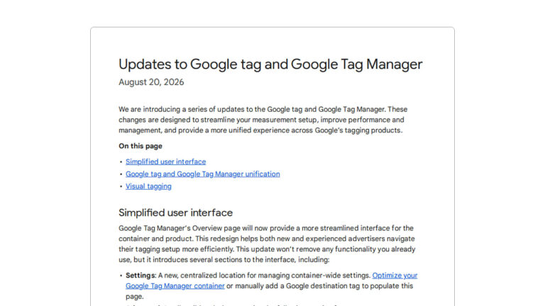 Screenshot of Google's announcement about updates to Google tag and Google Tag Manager released on August 20, 2026, highlighting simplified user interface improvements and new features for measurement setup.