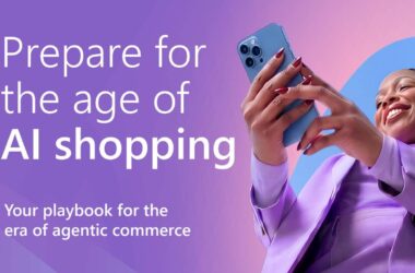 A woman in purple clothing holds a blue smartphone while smiling against a gradient purple and pink background, with text reading "Prepare for the age of AI shopping" and "Your playbook for the era of agentic commerce"