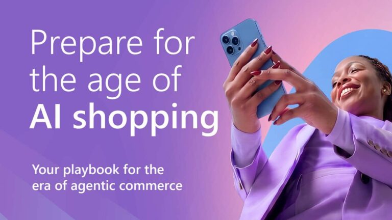 A woman in purple clothing holds a blue smartphone while smiling against a gradient purple and pink background, with text reading "Prepare for the age of AI shopping" and "Your playbook for the era of agentic commerce"