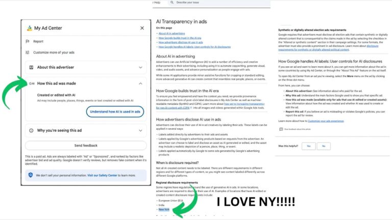 Screenshot showing a Google Ad Center menu about AI ad creation, transparency in ads, and an added green arrow pointing to “Regional disclosures” with large text at the bottom saying “I LOVE NY!!!!!”.