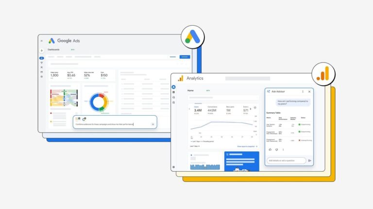 Two computer screens display Google Ads and Google Analytics dashboards with charts, graphs, and data summaries, representing digital marketing and web analytics tools in use.
