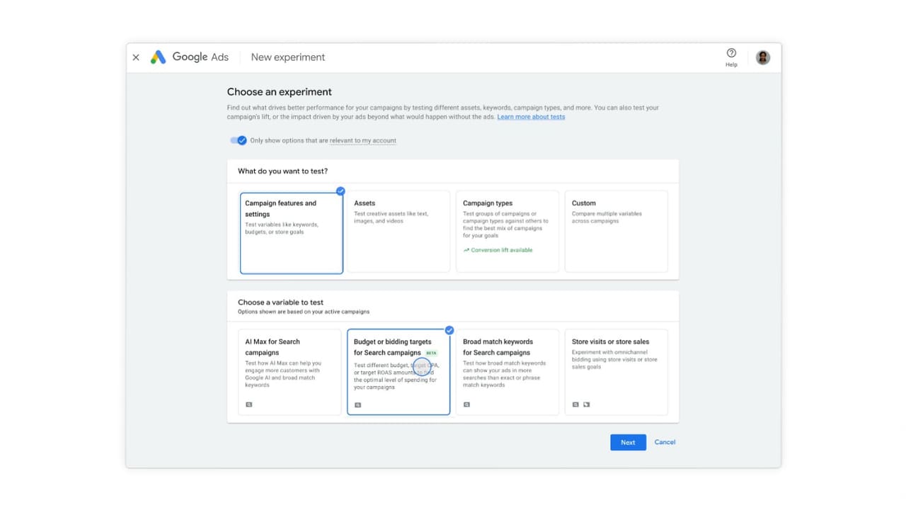 AI Max experiments, budget and bidding tools in Google Ads