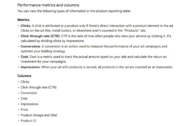 Screenshot showing performance metrics and columns available in Google App Campaigns product reporting table, including clicks, CTR, conversions, cost, impressions, price, product details, and product ID definitions.