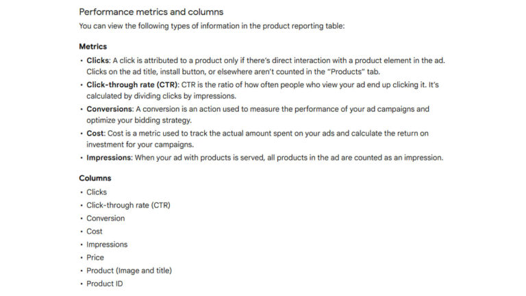 Screenshot showing performance metrics and columns available in Google App Campaigns product reporting table, including clicks, CTR, conversions, cost, impressions, price, product details, and product ID definitions.