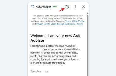 A mobile screen displays the Ask Advisor app in beta, showing a welcome message about reviewing account performance and strategy, enhanced by cross-platform intelligence, with privacy and AI usage notes at the top.